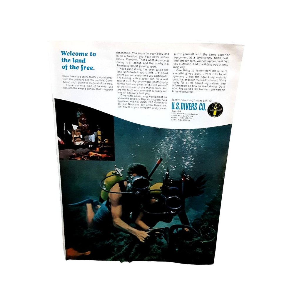 1967 US Divers Company Land Of The Free Vintage Print Ad 60s Original